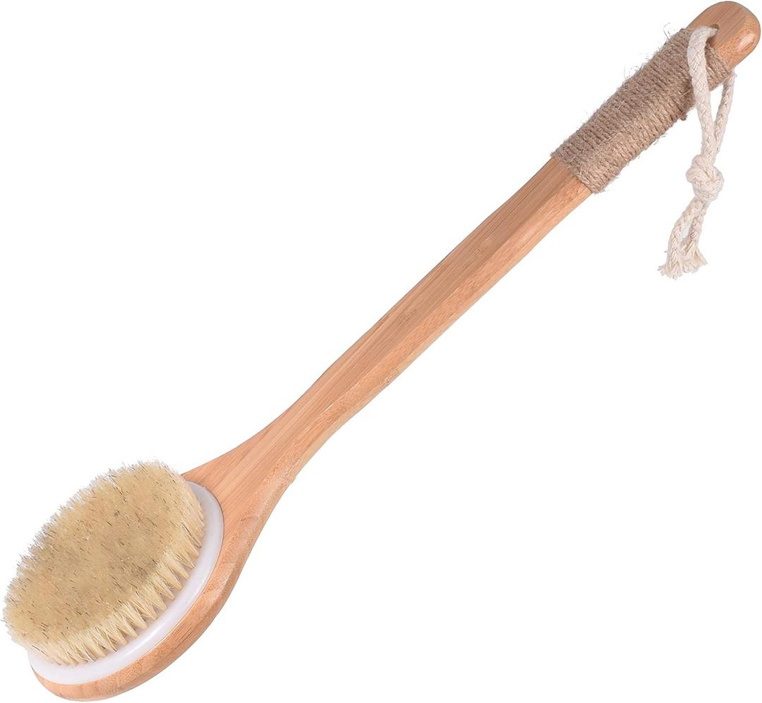 Chikoni Dry Bath Body Brush Back Scrubber with Anti-Slip Long Wooden Handle, Natural Bristles Body Massager, Perfect for Exfoliating, Detox and Cellulite, Blood Circulation, Good for Health