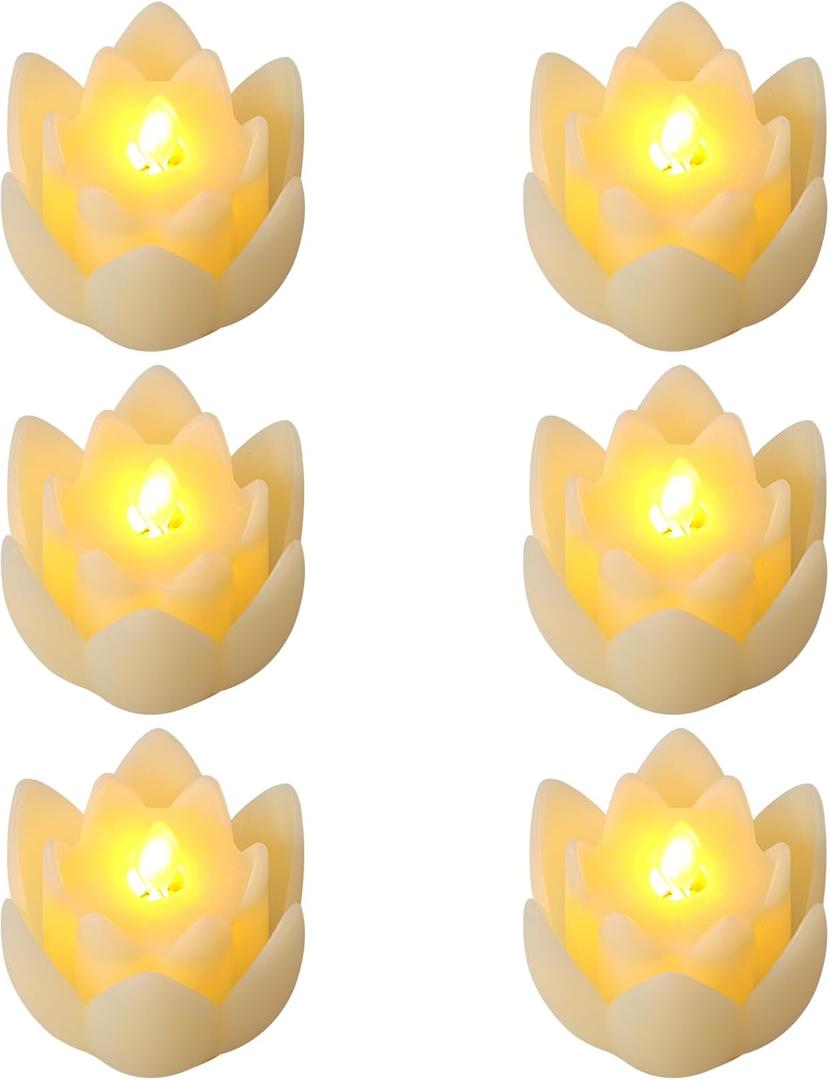 6 PCS Diwali LED Lotus Table Candles - 3 Lotus Lamps Electronic Buddhist Lights Battery Operated Buddha Flickering Warm White Lights for Home Decorative Temple Desktop Centerpiece