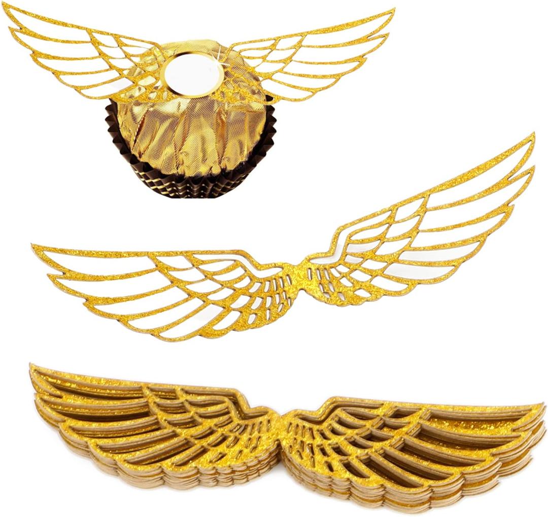 50 PCS Golden Wings Chocolate Decor Wizard Party Chocolate Decoration Hollowed Wings Wafer Cupcake Toppers with Glue Point for Them Party Decor Supplies