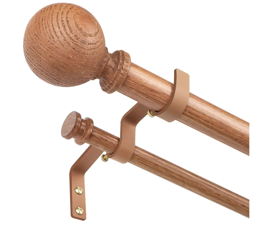 Wood Double Curtain Rods for Windows 36 to 88:Boho Wooden Double Rod Curtain Rods for Farmhouse Livingroom Bedroom 1Inch Heavy Duty Adjustable Dual Curtain Rod Decorative Imitation Wood Grain