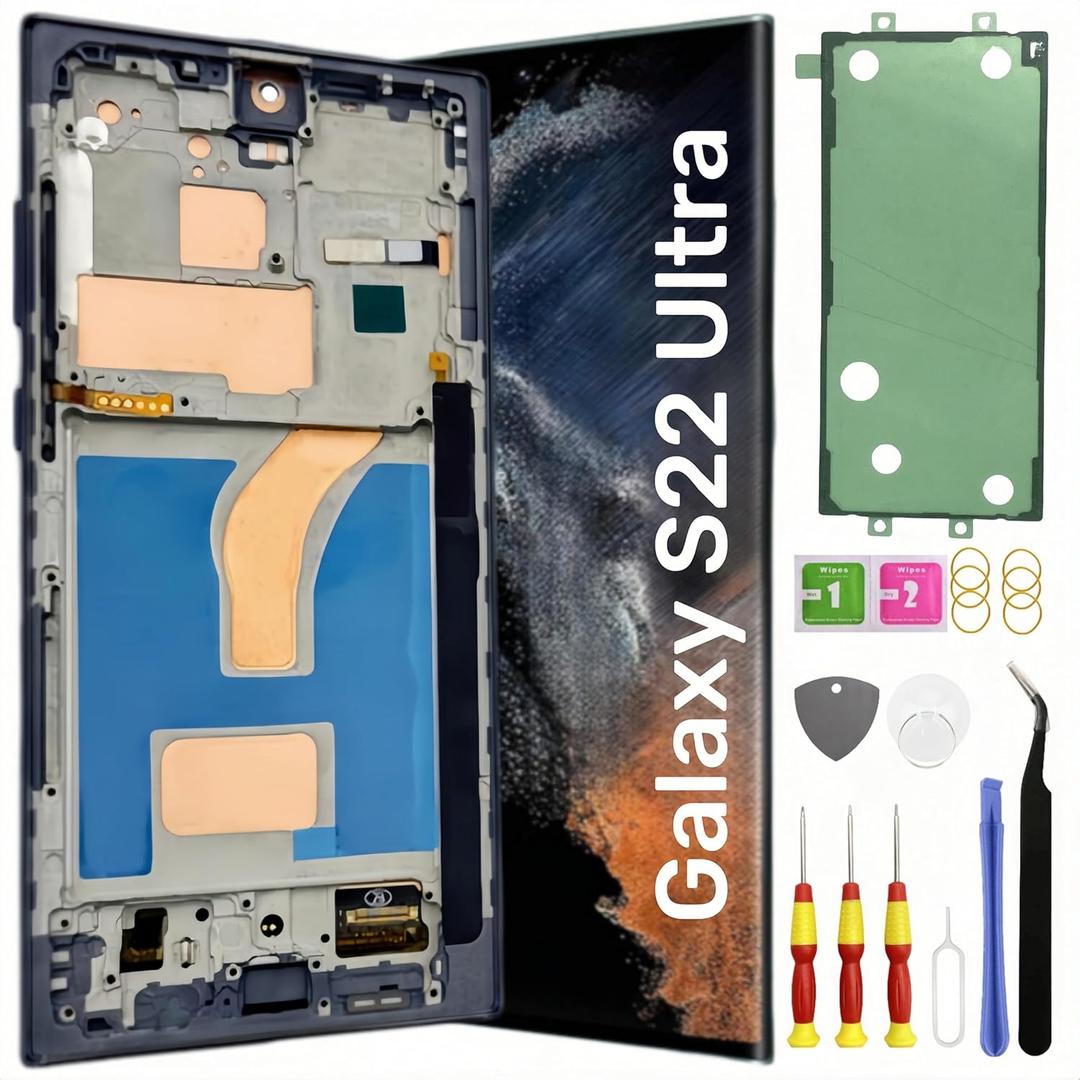 Galaxy S22 Ultra 5G LCD Display Screen Assembly Replacement for Samsung Galaxy S22 Ultra Touch Digitizer Screen with Frame Toolkits S908U S908A US Version Black(Fingerprint is not Supported)