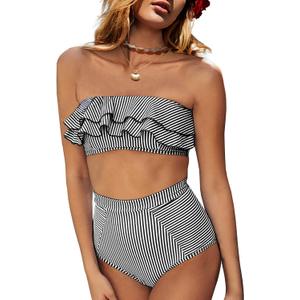 Saodimallsu Women High Waisted 2 Piece Bikini Set Bandeau Ruffle Swimsuit Top Striped Bathing Suits (Medium, Black)
