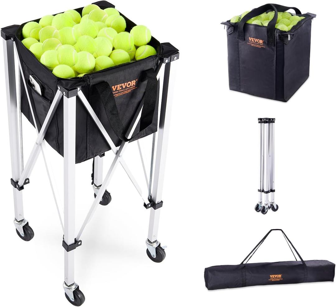 VEVOR Foldable Tennis Ball Hopper, Holds 150-180 Tennis Balls, Lightweight Aluminum Alloy Tennis Ball Basket Cart with Wheels for Tennis Player (black)