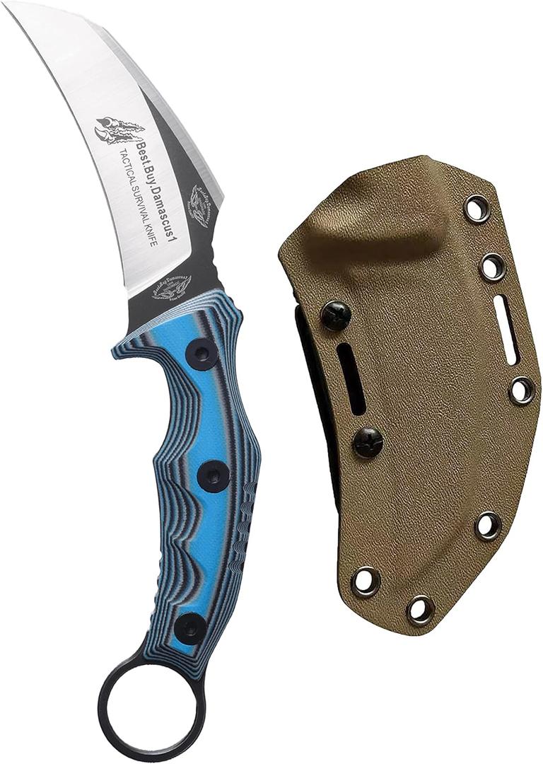 Best.Buy.Damascus1 Hunting knife Survial Blue G10 Fixed Blade Knife with Kydex Sheath Prime Qulity
