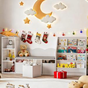 CHOEZON 66.9" Kids Bookshelf with Reading Nook, 3-in-1 Kids Bookcase with Cushion and Sling Shelf, Toy Chest Storage with Fabric Drawers, Reading Nook for Kids, for Playroom, Nursery, White MCW08WB, 66.9"L x 11.8"W x 30.4"H