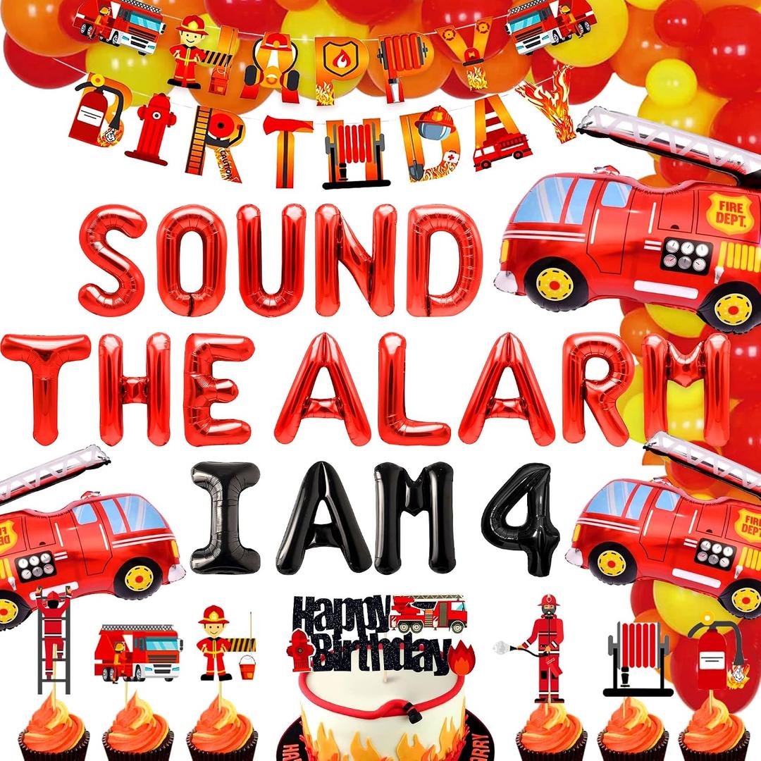 LaVenty Sound The Alarm I Am 4 Balloon Firetruck 4th Birthday Decoration Firefighter Cake Balloons