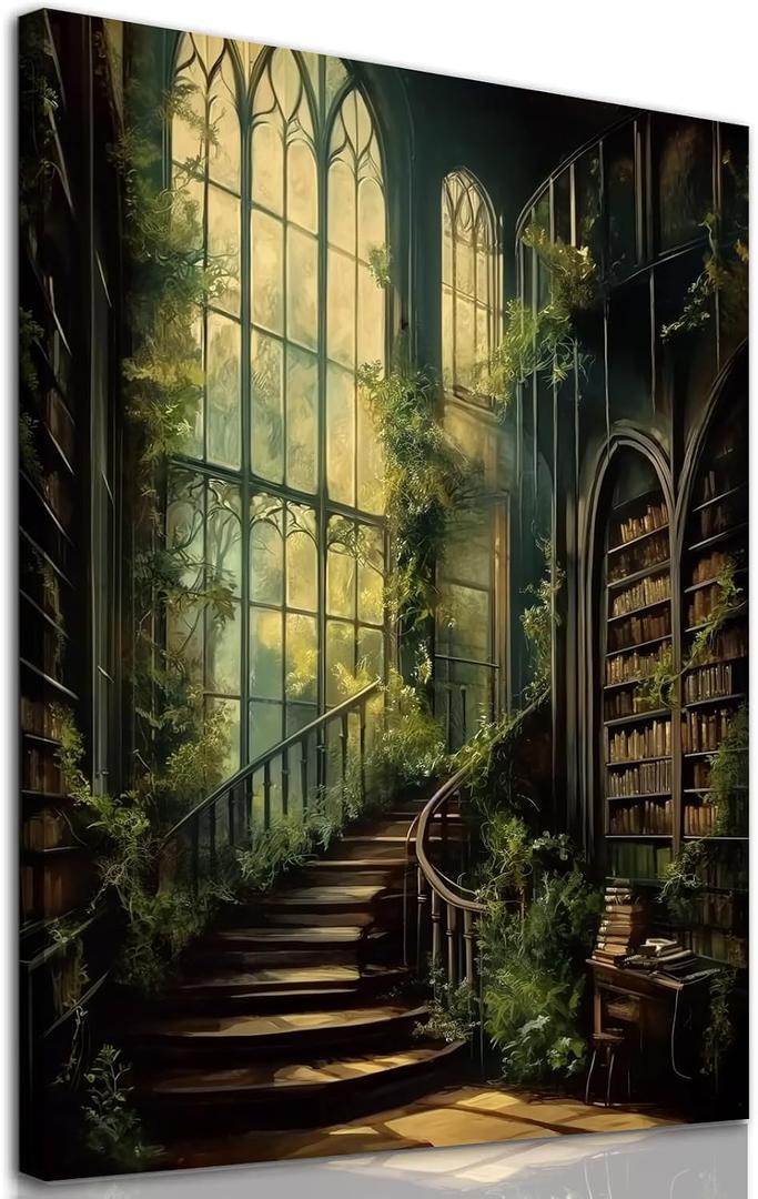 Dark Academia Paintings Gothic Library Canvas Vintage Victorian Pictures Medieval Castle Wall Art Moody Botanical Prints Vintage Library Posters Moody Gothic Artwork Dark Castle Painting 16x24in Framed