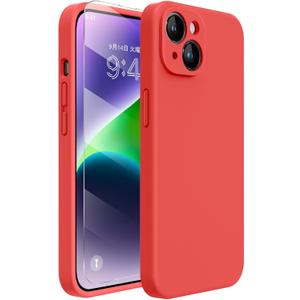 Miracase Designed for iPhone 14 Case with Screen Protector,[Upgraded Enhanced Camera Protection],Shockproof Liquid Silicone Case with Microfiber Lining, 6.1 inch, Coral Red
