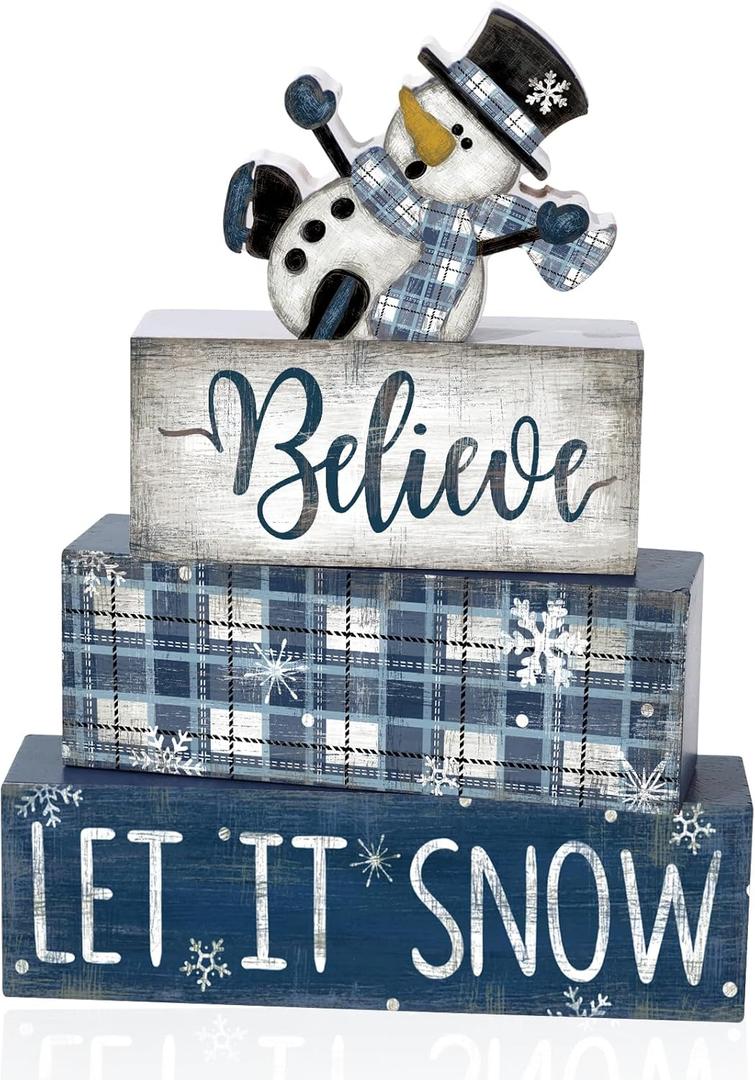 DIYDEC 4pcs Winter Wooden Table Signs - Christmas Snowman Wooden Block Signs Gift Rustic Xmas Tiered Tray Decor Winter Centerpiece Farmhouse Christmas Tabletop Home Party Decor