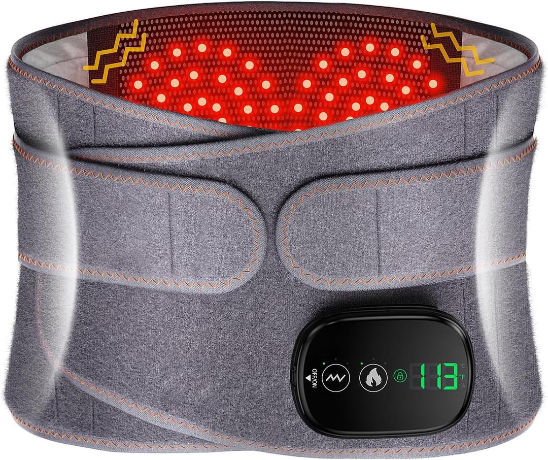 Lower Back Massager with Heat, Heating Pad for Back, Stomach Heating Pad, Waist Belt Wrap with Heat Vibration 3 Levels Adjustable, Touchscreen Control, Adjustable Size, Gifts for Dad Mom (Grey)