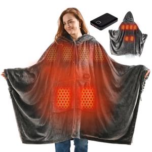 Wearable Heated Blanket Robe, Cordless battery Heated Blanket with 8-Zone Heating & 3 Temp Settings, Machine Washable Oversized Hooded Throw, Cozy Gift for Mom & Grandma, 38"x67", Grey, Teddy Fleece
