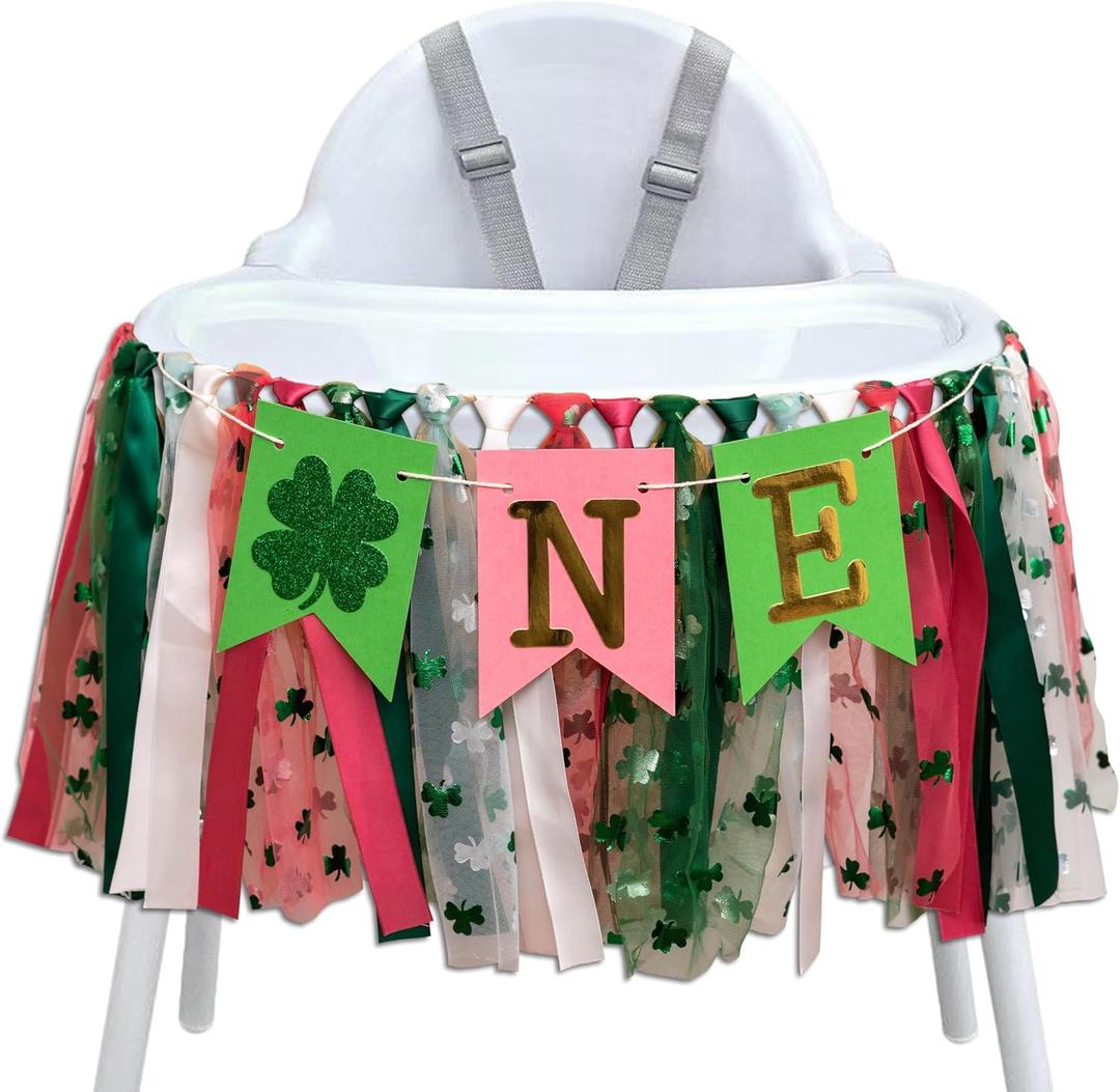 ZAIBIANHAO St. Patrick's Day High Chair Banner - Lucky One Birthday Party Supplies,Glitter Luck Shamrock Decorations,Four Leaf Clover First Birthday ONE Tutu Highchair Banner (lucky pink)