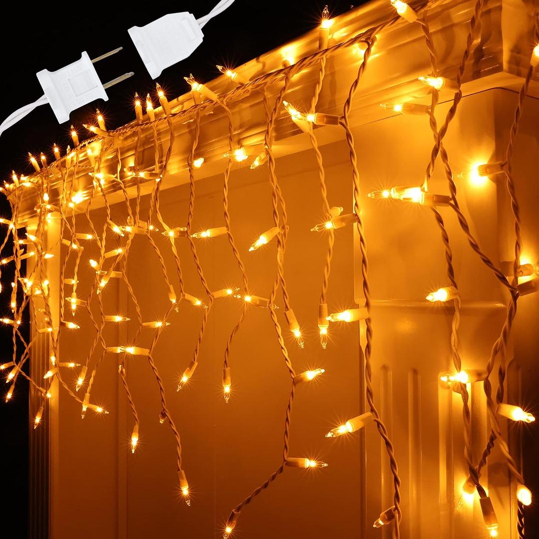 Brizled Christmas Icicle Lights, 17.34ft 300 Count Traditional String Lights, Warm White With White Wire, 120V UL Listed Connectable Indoor Outdoor for Xmas Wedding Home