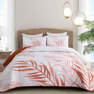 Quilt Set King Size Coral Tropical Coastal Botanical Quilt Bedding Set, 3 Piece Lightweight Soft Microfiber Palms Tree Bedspreads Coverlet Set with 2 Pillowcases for All Season (King,110"x 90") (Queen)