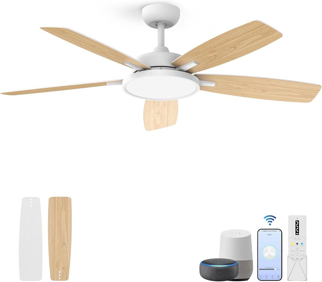Roomratv Ceiling Fans with Lights,52 inch Smart Ceiling Fans with Dimmable LED Light Compatible with Google Home Alexa App Control(white
