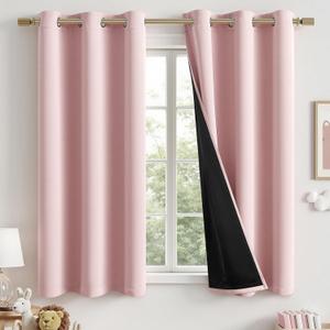 MIULEE Baby Pink 100% Blackout Curtains for Girls Bedroom 63 Inch Long, 2 Thick Layers Thermal Insulated Nursery Black Out Window Curtains with Black Liner, Noise Reducing Living Room Drapes 2 Panels