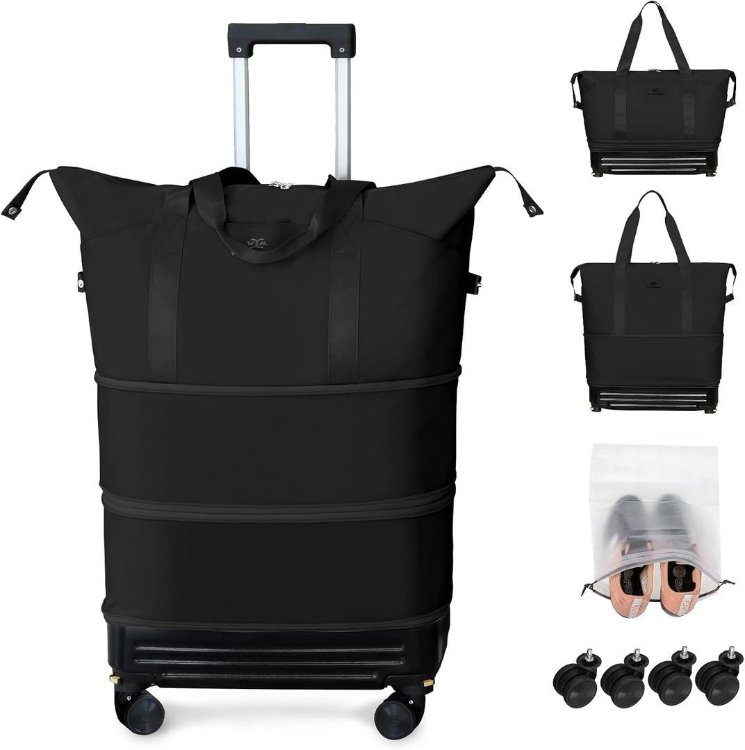 Rolling Duffel Bag with Detachable Wheels & Handle,Expandable Foldable Travel Duffle Bag,Carry on Luggage Large Tote Bag for Gym Overnight Weenkend Trip(Black)