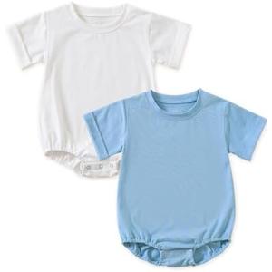 Jimonda Baby Bubble Rompers Boy Girl Solid Color T-Shirt Outfits Short Sleeve Button Bodysuit Cotton Tops Clothes 2Pcs, 9-12 M