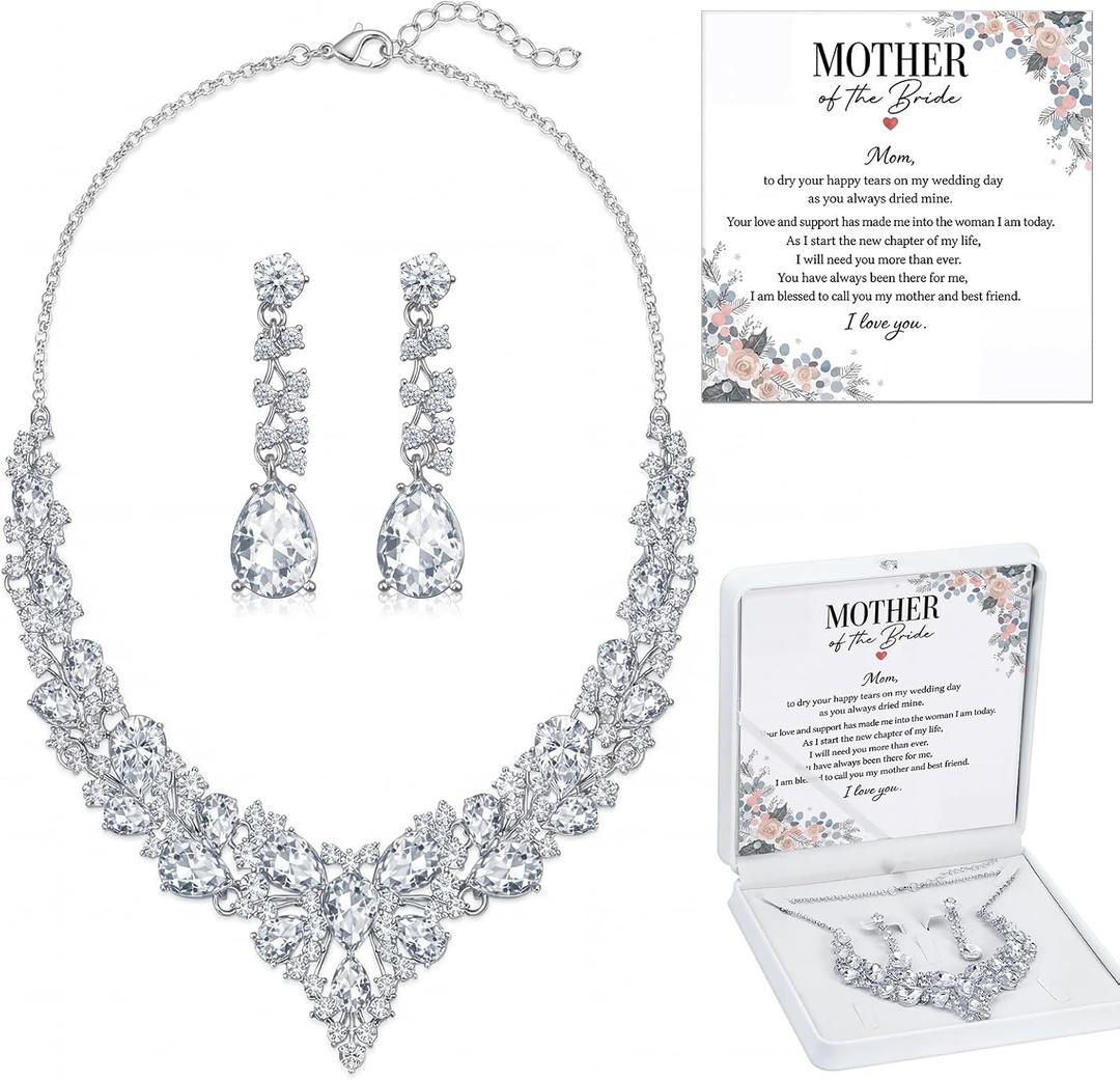 Sureio 4 Pcs Mother of The Bride Gift Wedding Day Crystal Cluster Necklace Earrings Card and Box Mother of The Bride Gifts From Daughter for Mothers Wedding Gifts