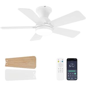Ceiling Fans with Lights, 36 Inch Low Profile Ceiling Fan with Light and Remote Control, Flush Mount, Reversible, 3CCT, Dimmable LED, Quiet, White Ceiling Fan for Bedroom, Kitchen, Office
