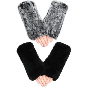 Geyoga 2 Pairs Winter Fur Gloves Rabbit Fur Mittens Knit Long Fingerless Gloves Warm Hand Muffs for Women Girls (Black and Frost Black)