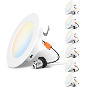 LVWIT LED Recessed Light 4inch, Can Lighting Color Selectable 2700/3000/4000/5000/6000K 5CCT, 7W(85W Equivalent) Dimmable Downlight with E26 Conversion Kit, Retro Fit Ceiling Light Fixtures, 6 Pack (4in-6pack, White)