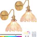 Vintage Battery Operated Wall Sconce Set of 2, Wireless Wall Sconces with Amber Glass Lampshade,Rechargeable Wall Lights with Remote Control for Bedroom, Living Room