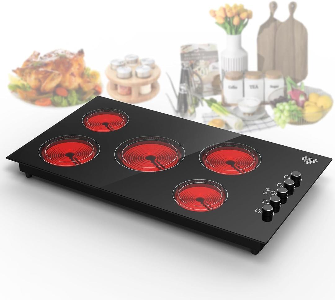 VBGK Electric Cooktop 36 inch,Built-in 36 inch Electric Cooktop 8000W Power Control by Knob, 36 induction cooktop with 9 Power Levels with Child Safety Lock, Timer,Over-Temperature 220V-240V. (Electric Cooktop 5 Burner)