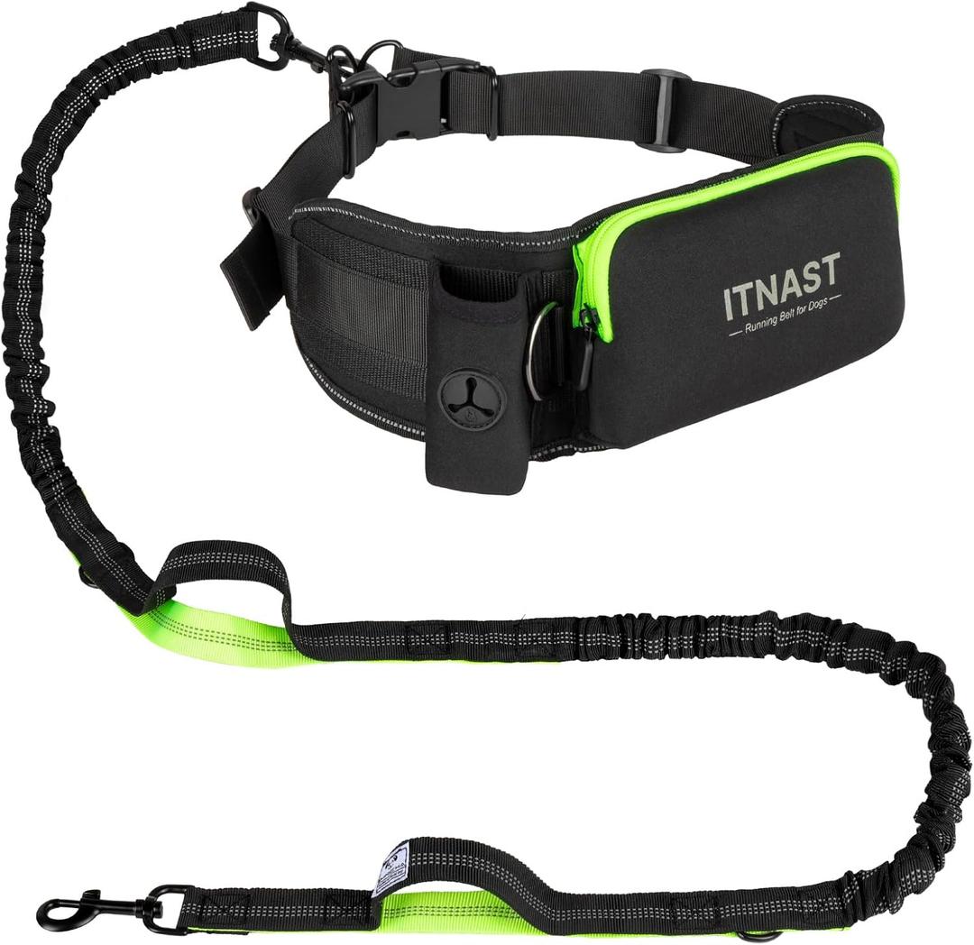 Hands Free Dog Leash for Medium Large Dogs, Waist Support Padded Bungee Dog Running Leash with Reflective Stitching for Walks, Jogging, Running, Hiking, and Dog Training (Black/Green)
