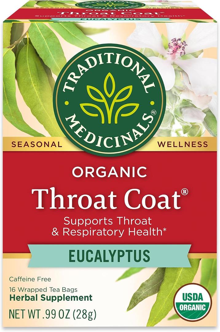 Traditional Medicinals Organic, Throat Coat Tea, Eucalyptus & Slippery Elm - Supports Respiratory and Throat Health - Kosher, Non-GMO, Caffeine-Free, Compostable - 16 Tea Bags (EXP 07/01/29)