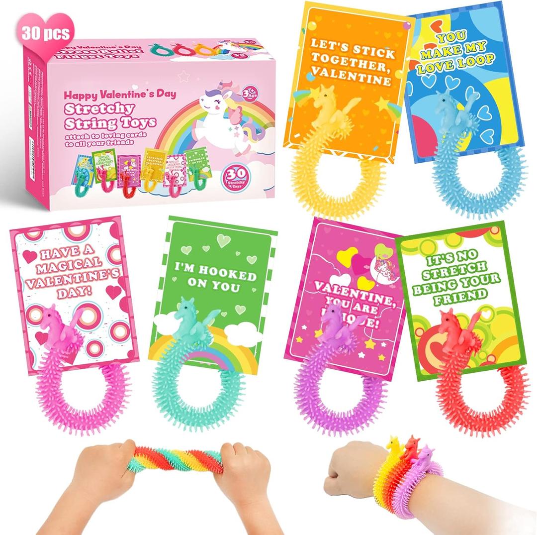 30 Pack Valentine's Day Cards for Kids with Unicorn Stretchy Strings for Classroom Valentine's Gift Exchange For School, Valentine's Party Favor for Kids, Valentine's Prizes, Stress Relief Fidget Toys