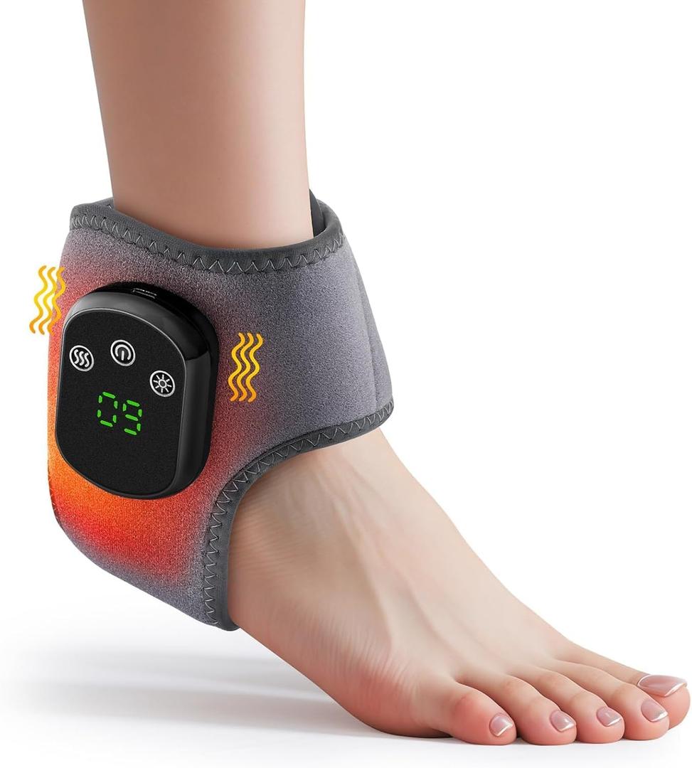 Cordless Ankle Massager with Heat, Rechargeable Ankle Heating Pad Wrap for Pain Relief, Portable Heated Foot Massager for Neuropathy Plantar Fasciitis, 5 Heat Levels 3 Vibration Modes Auto Shut Off, Size L