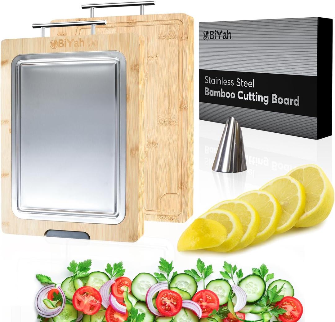 Premium 304-Stainless Steel Metal Cutting Board for Kitchen – 2 in 1-High quality Bamboo and Steel Chopping Board for Kitchen with Juice Groove for Cutting Meat,Vegetables and Fruits, Easy Clean