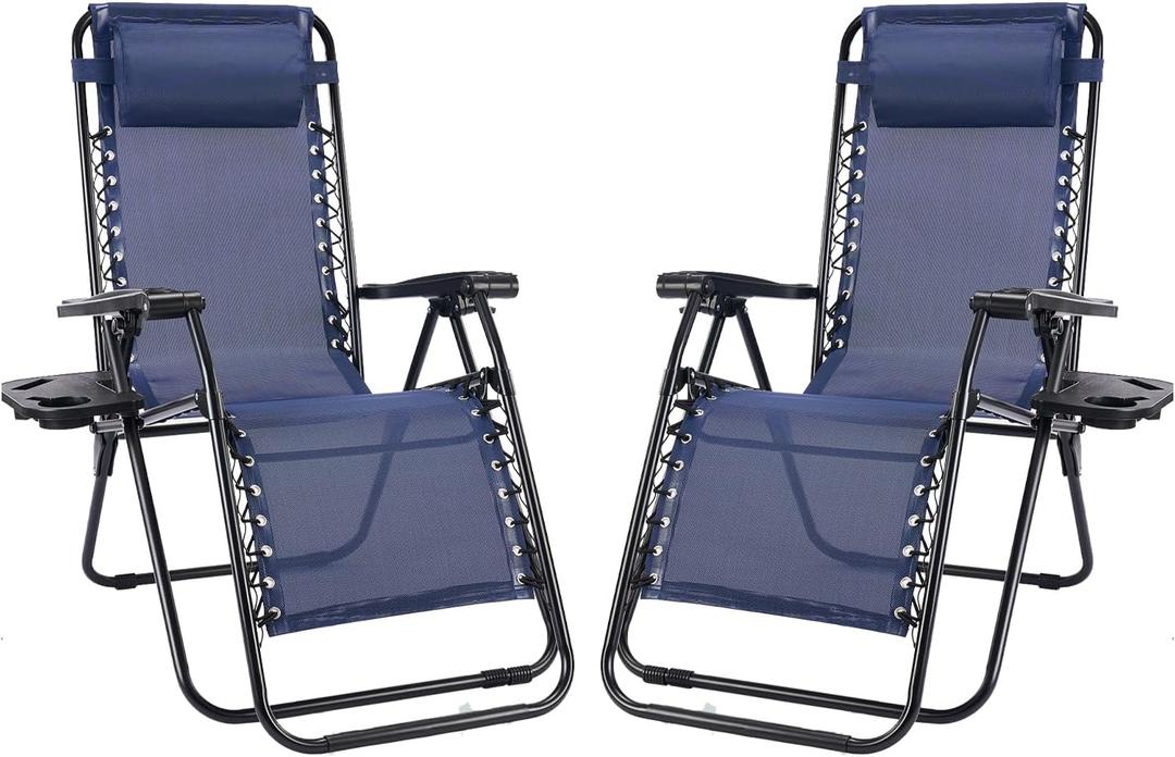NEWBULIG Zero Gravity Chair Set of 2, Lounge Chair Folding Portable Adjustable Camping Reclining Chairs with Adjustable Pollow, Mesh Back, Cup Holder Trays Lawn Patio Chair for Pool Beach - Blue