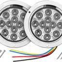 TMH 2 Pack of 4 Inch Round Clear Lens Red LED Flashing Strobe Trailer Tail Lights, 12 LED with Chrome Housing, Strobe Solid Flash Patterns 12V for Truck, Bus, RV, Tow Vehicles (2 Pcs)