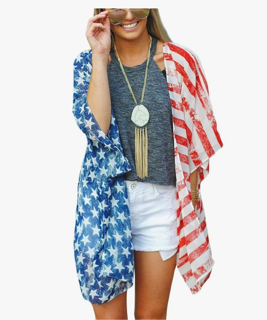 DDSOL Women's American Flag Kimono Cover up Beachwear Cardigan Loose Tops Shirt Blouse