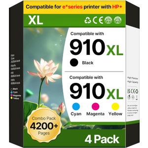 Wiseta 910XL Ink Cartridges for HP Printers Officejet 8015e Ink Cartridges Replacement for HP 910 Ink Work for OfficeJet Pro 8015 8020 8025e 8028e Printers, 910XL Black and Color Combo Pack, 4 Pack