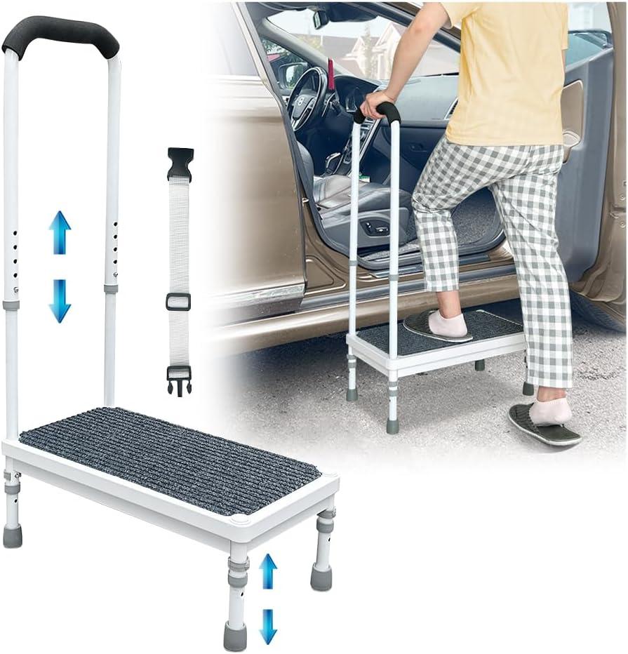 Medical Step Stool with Handle for Elderly Seniors SUV Car Steps 400lb Stepping Stool Adults Ramps with Handrails Height Adjustable Rv Steps Wide Platform Safety Handicap Mobility Assist Devices