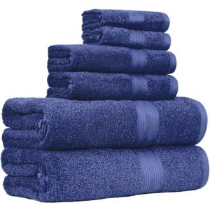 Amazon Basics 6 Piece Oversized Fade resistant Towel set, 100% Cotton towels for bathroom, soft and absorbent, 2 Bath Towels, 2 Hand Towels and 2 Washcloths bathroom towel set, Navy Blue