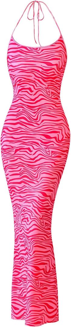 PRETTYGARDEN Maxi Dresses for Women 2025 Summer Halter Leopard Print Backless Sexy Bodycon Cocktail Beach Long Dress (Pink, XL)
