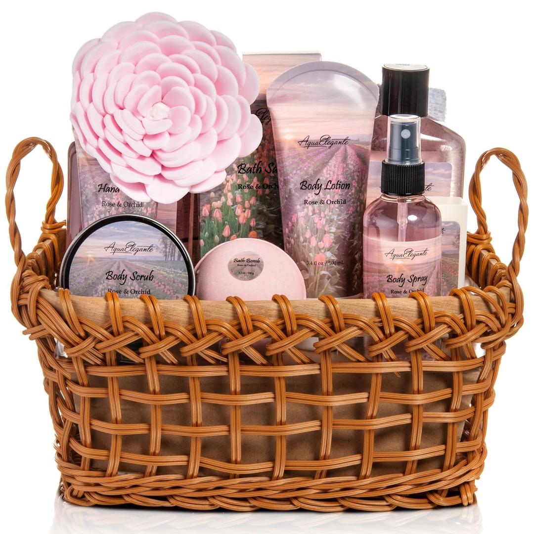 Aqua Elegante Spa Basket For Women - Deluxe Bath Set with Wash, Bubble Bath, Lotion, Salts, Body Scrub, Towel, Shower Puff, Bathbombs, Reusable Basket, Gifts for Mom, Wife, Her - Rose Oil & Orchid