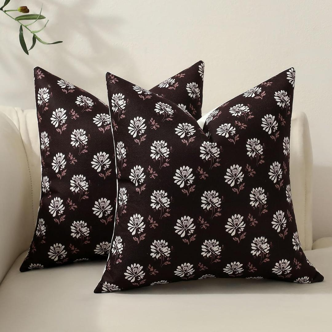 Set of 2 Cotton Linen Floral Throw Pillow Covers, Block Print Pastoral Decorative Cushion Covers 18x18 Inch, Farmhouse Home Decor Accent Vintage Pillow Covers for Sofa Bed Living Room, Dark Brown