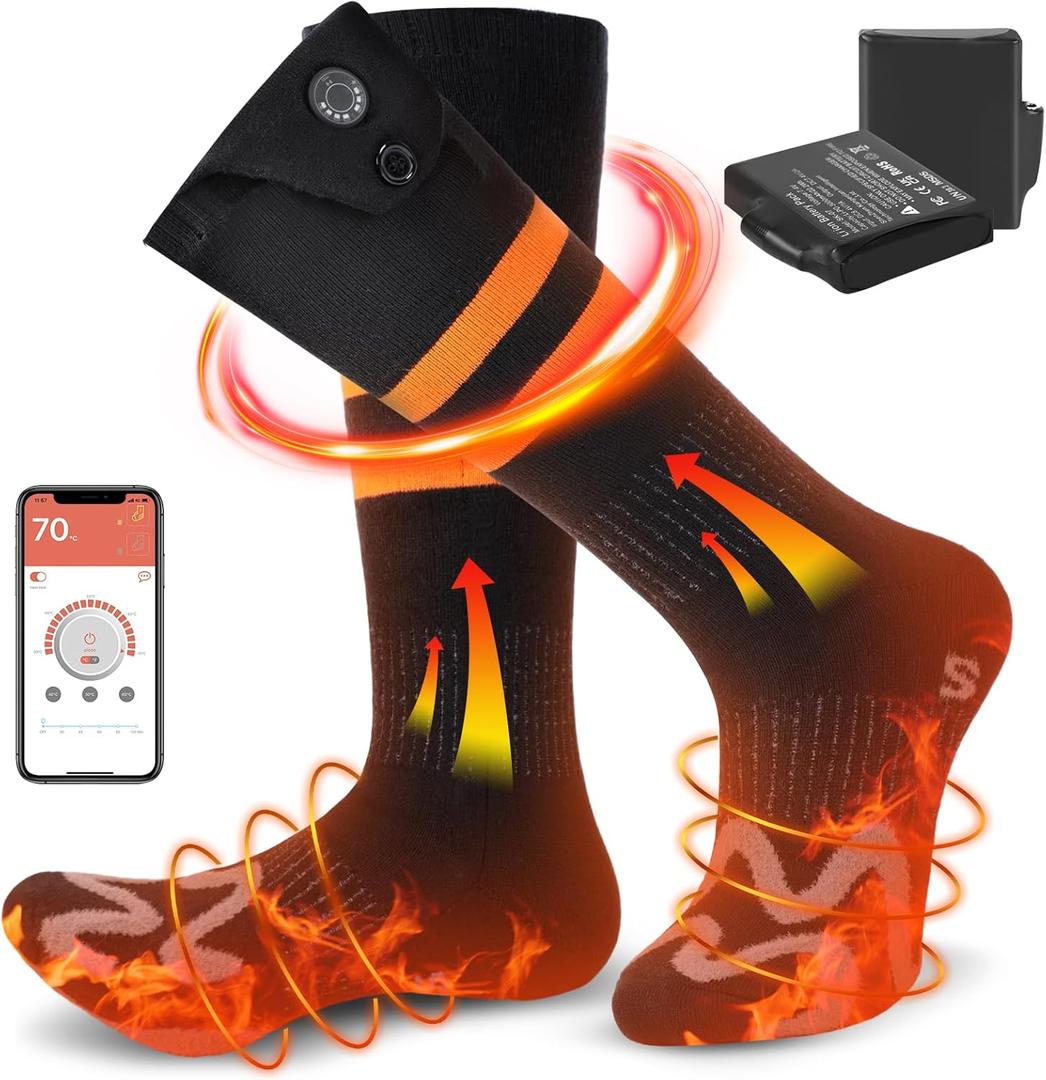 Heated Socks for Men Women with APP Remote Control, Upgraded 10000mAh Rechargeable Electric Heated Socks Up to 10 Hours, Washable Winter Foot Warmer Socks for Outdoor Camping Hiking Skiing Hunting XL Black
