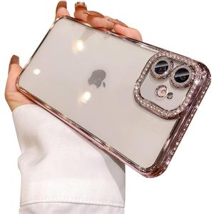 Fycyko Compatible for iPhone 11 Case with Glitter Diamond Camera Protector,Bling Clear Crystal Cute Phone Case Shockproof Sparkle Len for iPhone 11(6.1'')-Pink