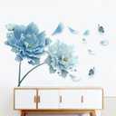 ROFARSO 49.2'' x 30.7'' 3D Blue Flowers Butterflies Wall Stickers Vinyl Removable Large Wall Decals Art Decorations Decor for Bedroom Living Room Office Study Room Murals