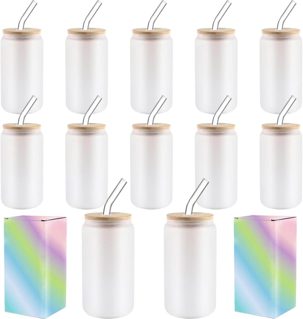 Sublimation Glass Cups With Bamboo Lids And Straws 16OZSublimation Beer Can Glass, Sublimation Frosted Glass Tumbler Blanks 12Pack
