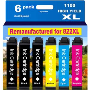 822XL Remanufactured for Epson 822XL Ink Cartridges for 822XL T822 for Workforce Pro WF-3820 WF-3823 WF-4820 WF-4830 WF-4833 WF-4834 Printer 6 Pack 3 Black 1 Cyan 1 Magenta 1 Yellow