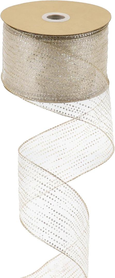 MEEDEE Champagne Gold Wired Ribbon 2.5 Inch Horizontal Stripes Glitter Polka Dot Christmas Ribbon Organza Sheer Ribbons 25 Yards Champagne Gold Glitter Ribbons for Christmas Tree, Wreath Bow