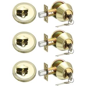 MECCANIXITY Keyed Alike Single Cylinder Deadbolt Door Lock Round Entry Front Door Handle Sets for Door Thickness 1.2-2 Inch (Gold Tone, Pack of 3)