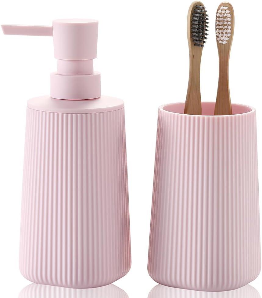 YAUKPH Bathroom Accessories Set 2 Piece Soap Dispenser and Toothbrush Holder for Bathroom Countertop Striped Pink